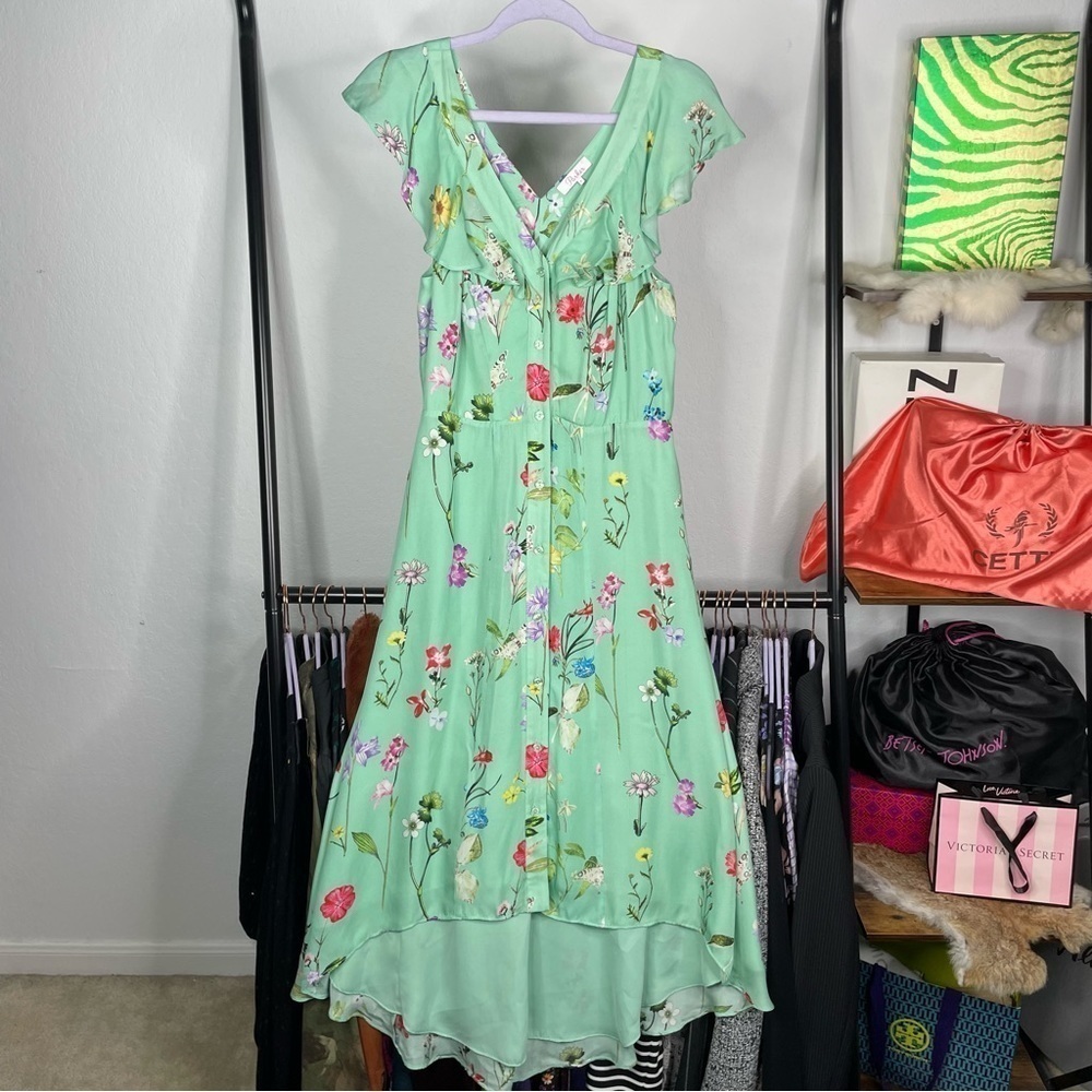 Parker Mint Green Floral High Low Garden Party Silk Blend Dress